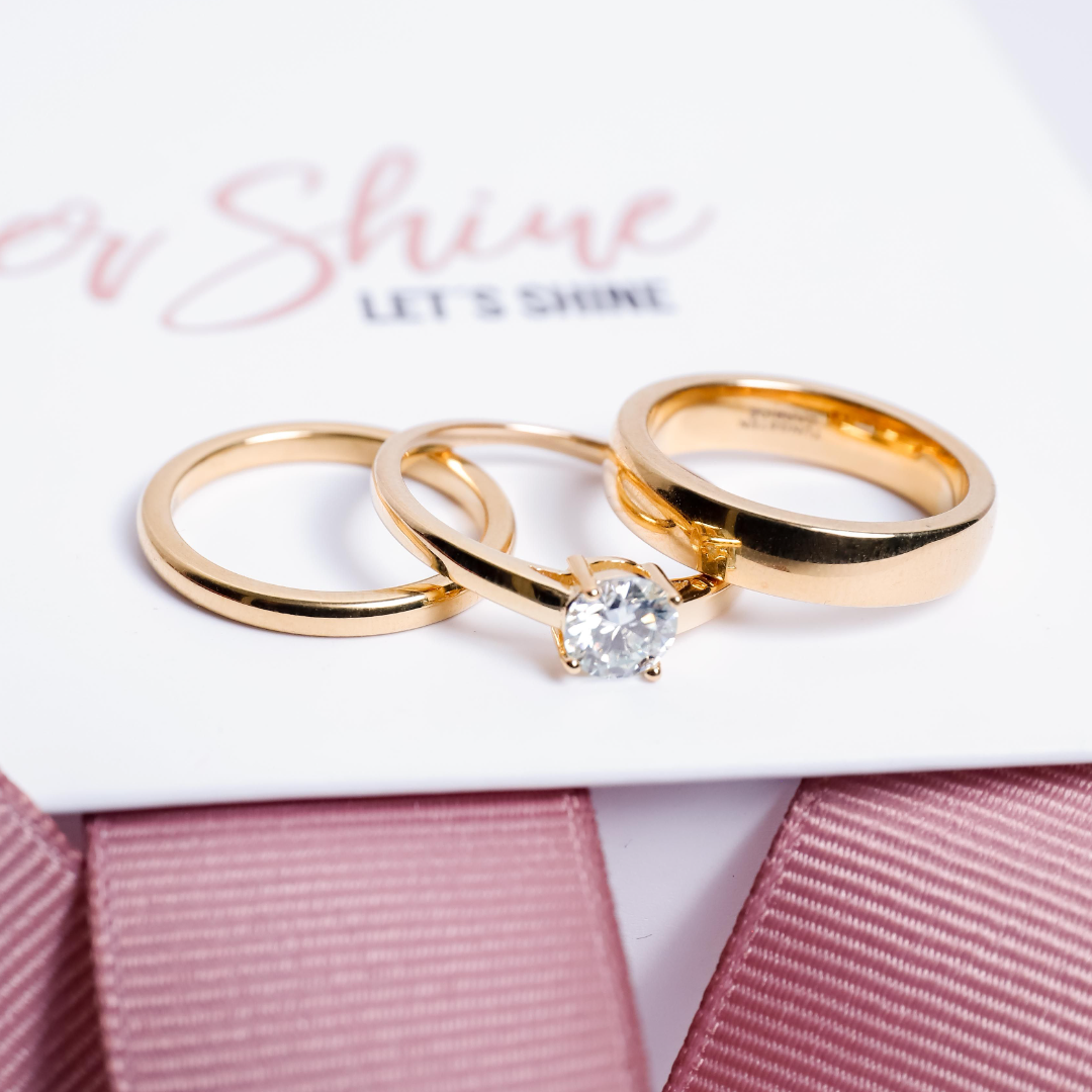 Trio de boda con piedra circonia de 0.50CT - Bañada en oro vermeil 18K